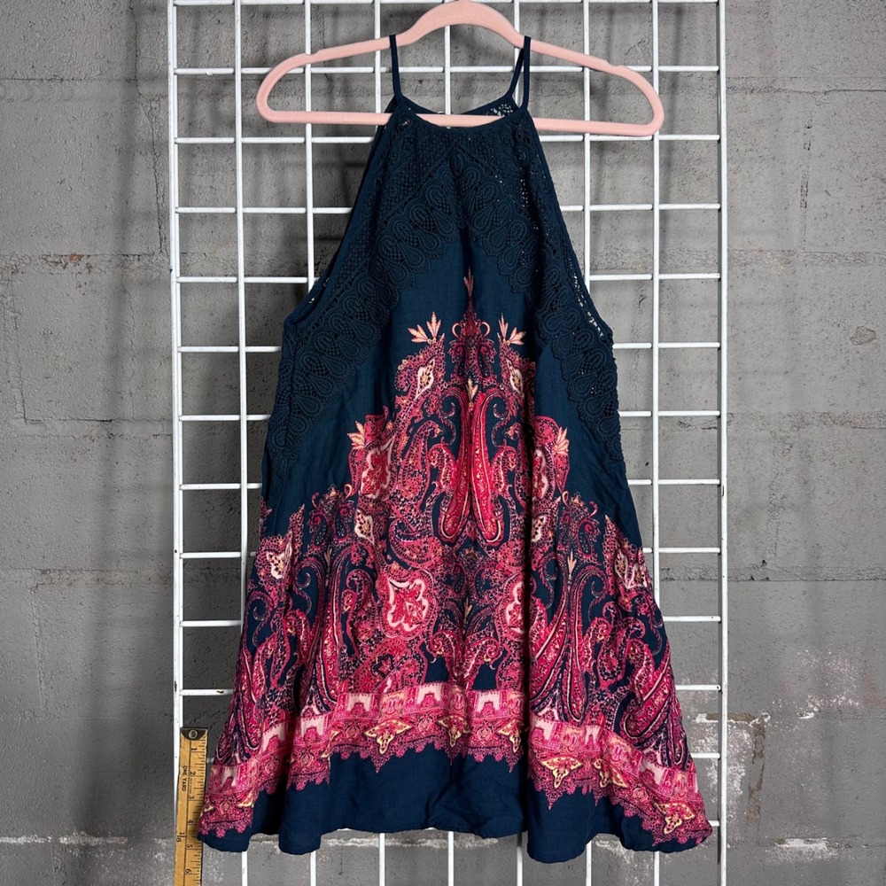Free People festival bandanna Halter Navy Pink Paisley Crochet Lace Boho Dress - Picture 2 of 8